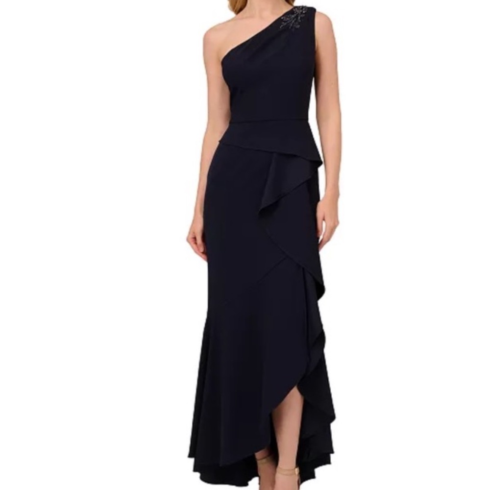 PAPELL STUDIO Beaded Knit Crepe Gown Navy Sz 6P